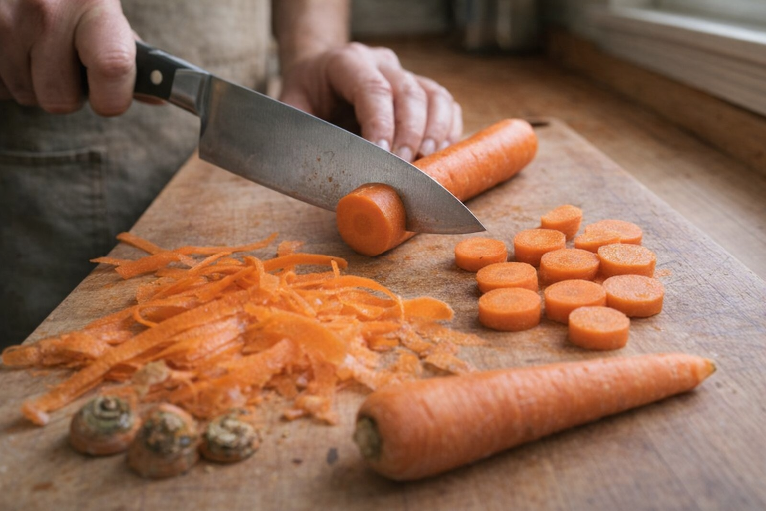 A close-up shot of raw carrots being sliced on a wooden cutting board. A chef's knife is mid-slice, with carrot peels and trimmed ends scattered around. Natural, bright kitchen lighting.